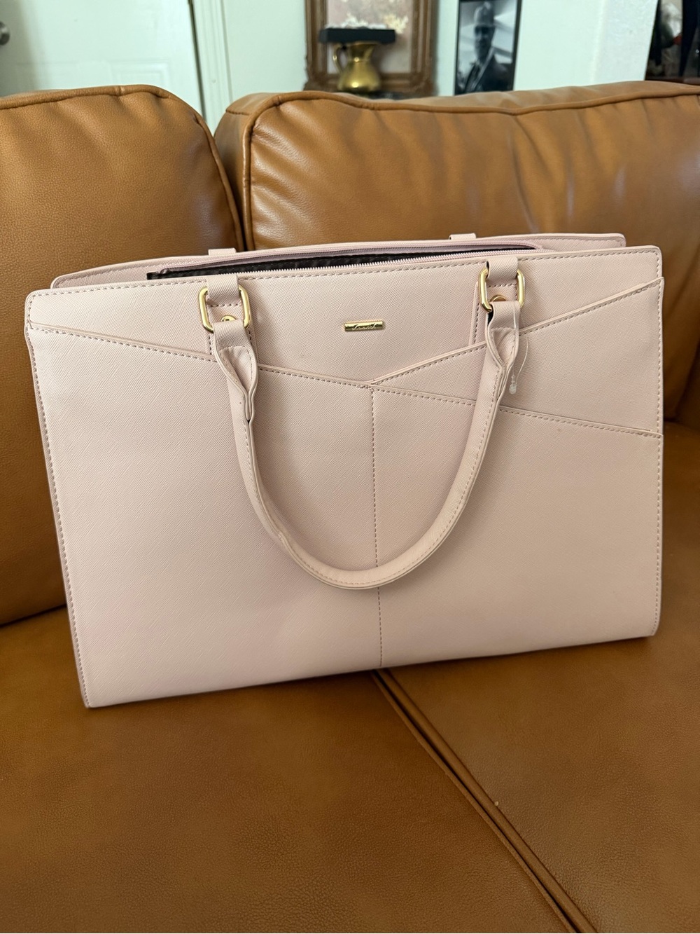 Elegant Pale Pink Structured Tote with Gold Accents